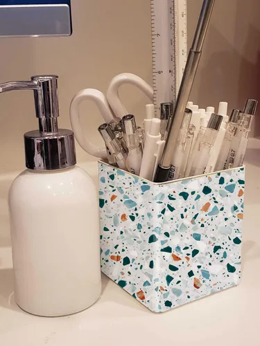 Miniatura 3 de Portalápices para bolígrafos, soporte para brochas de maquillaje, organizador de cerámica para control remoto con 2 compartimentos, terrazo