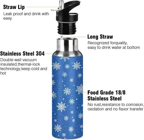 Miniatura 3 de BPA-Free Sport Water Bottle Insulated 32 Oz, Stainless Steel Water Bottle for Gym Outdoor Travel School, White Snowflakes Blue