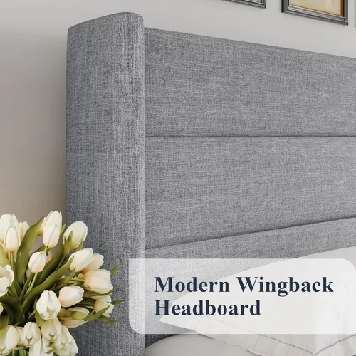 Miniatura 4 de Allewie Cama de almacenamiento elevable de tamaño completo, cabecera moderna con respaldo alado, soporte hidráulico, no necesita somier, gris claro