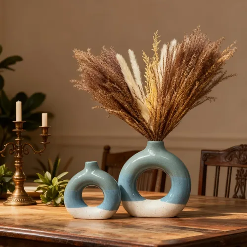 Miniatura 2 de Juego de 2 jarrones azules decorativos de cerámica, decoración del hogar con diseño de dona, decoración de granja, decoración de mesa, estantería