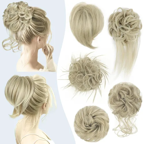 Miniatura 23 de HMD 5 piezas de moño despeinado para mujer, extensión de cabello con banda de goma elástica, extensión de cabello largo y desordenado, accesorios