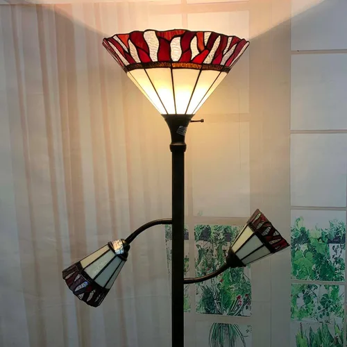 Miniatura 6 de Bieye L10838 Lámpara de pie Tiffany estilo flamenca con vitral y luces laterales para lectura, 177.8 cm de alto (Llama, Rojo)