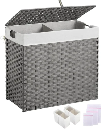 Miniatura 18 de Greenstell Cesta para la ropa sucia con 2 bolsas de forro extraíbles – Cesta de ropa dividida de 90 L, cesta de lavandería plegable de ratán Gris