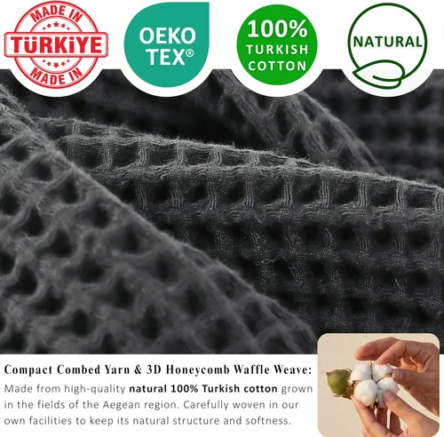 Miniatura 2 de PÜSKÜL Toalla de Cocina de Gofre Orgánico 100% Algodón Turco Juego de 3 Gris Oscuro - Toallas de Mano de 32x16 Pulgadas de Calidad Premium, Suave