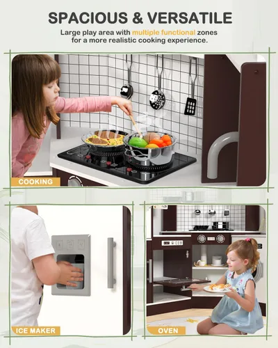 Miniatura 5 de Babytronic Juego de Cocina de Juguete de Madera de Esquina para Niños con Luces y Sonidos, Set de Cocina de Juguete con Estufa, Microondas, Máquina