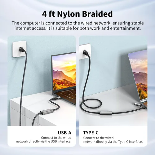 Miniatura 2 de Adaptador USB C a Ethernet de 4 pies, cable de red LAN Gigabit 2 en 1 USB-C/USB 3.0 a RJ45 Gigabit, 1000 Mbps conectado directamente, cable Ethernet