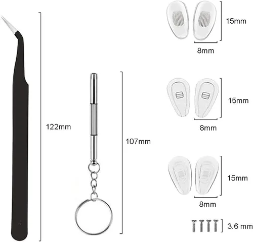 Miniatura 3 de 18 pares de almohadillas nasales para lentes, kit de reparación de anteojos con destornilladores, almohadillas para la nariz, tornillos, pinzas