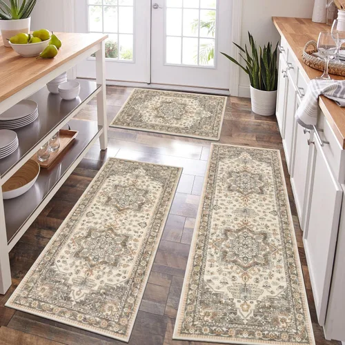 Miniatura 26 de HEBE - Juego de alfombras de cocina bohemias de 3 piezas con corredor, alfombras de cocina antideslizantes y tapetes lavables para piso de cocina