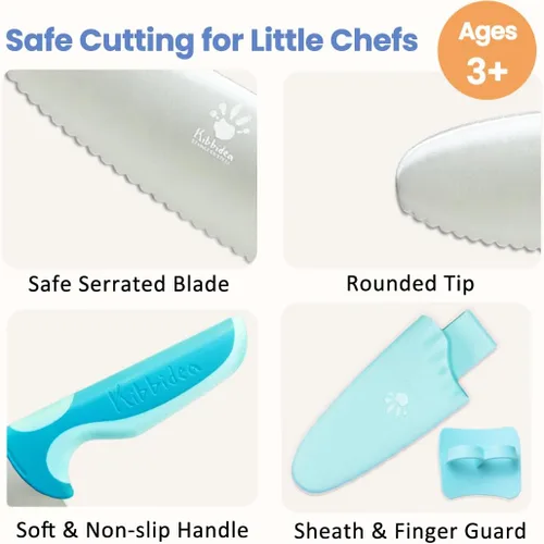 Miniatura 3 de Kibbidea Juego de cuchillos para niños, 4 cuchillos de cocina seguros para niños, punta redonda, sin BPA, acero inoxidable, azul