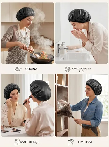 Miniatura 9 de Aquior Gorro de ducha con forro de rizo para mujer, reutilizable, triple capa impermeable, extra grande para mujeres de pelo largo (negro)