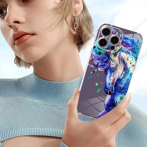 Miniatura 3 de Roemary Funda púrpura para iPhone 13 Pro Max con diseño de caballo azul, patrón de acuarela con protector de pantalla