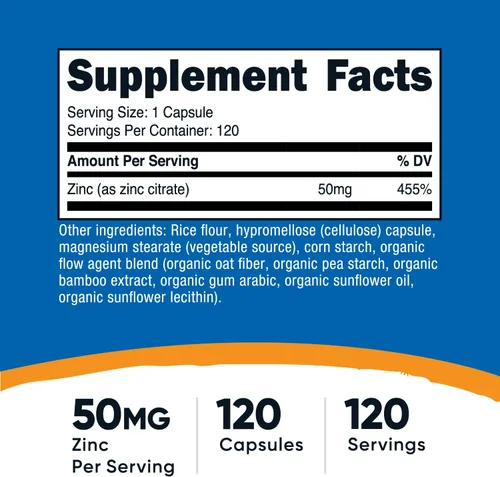 Miniatura 2 de Nutricost Quelato de zinc de 50 mg, 120 cápsulas vegetarianas, sin gluten y sin OMG