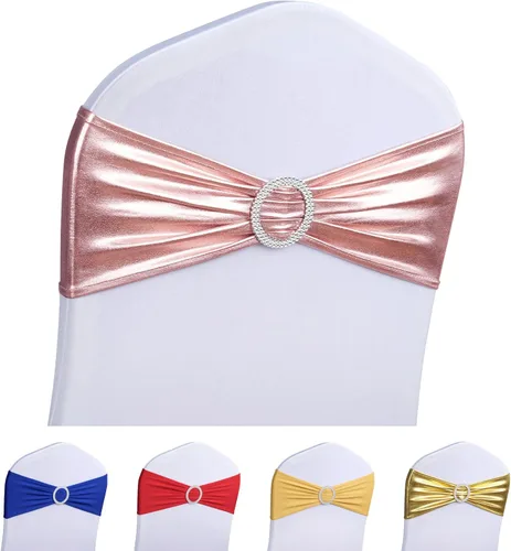 Miniatura 14 de LEBENGURU Bandas para silla de elastano doradas, 30 lazos elásticos de alta calidad con deslizadores para decoración de banquete de boda, fiesta