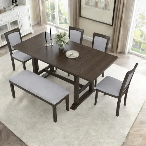 Miniatura 10 de JIVOIT Farmhouse 6 Piece Dining Table Set, Counter Height Table Set with 4 Chairs and a Bench, Rubber Wood Expandable Bar Table Set with Rivet Gris-3