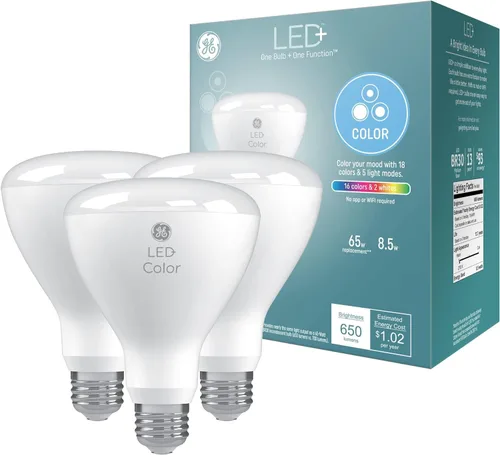GE LED+ Bombillas LED que cambian de color con control remoto, focos multicolor BR30 para interiores, luz de dormitorio universitario, artículos