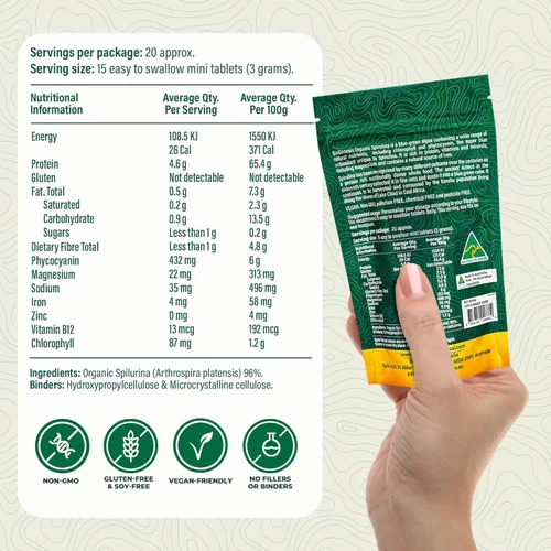 Miniatura 4 de Biogenesis Mini tabletas de espirulina orgánica, 300 unidades (200 mg) Algas azul-verdes cultivadas en Australia Ricas en ficocianina, clorofila