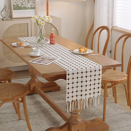 Miniatura 5 de Hsvanyr Centros de mesa rústicos con borlas rectangulares bordadas para cocina, 13 x 63 pulgadas, mantel blanco con cuadros de búfalo marrón café