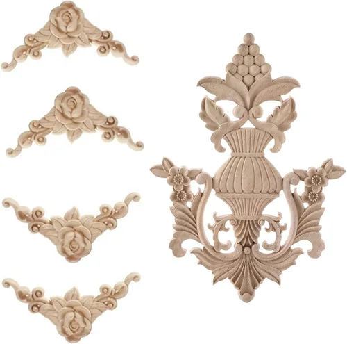 Miniatura 2 de 5 piezas de apliques de madera tallada en madera Onlays Onlays DIY tallados muebles apliques Onlays sin pintar centro tallado calcomanía para puerta