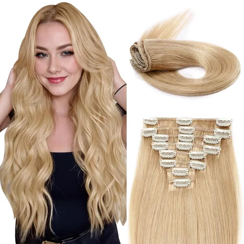 Miniatura 21 de Extensiones de cabello humano 100% remy de 10 a 24 pulgadas, con clips, calidad grado 7A, cabeza completa, 8 piezas, 18 clips; largo, suave, sedoso