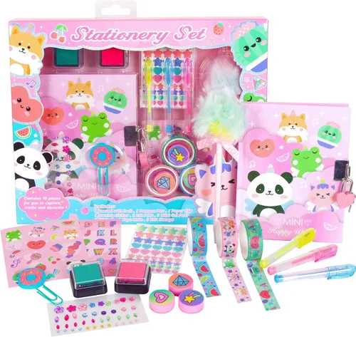 Diario de animales para niñas con cerradura, juego de papelería de animales con diario secreto, sellos, bolígrafos, cuaderno de diario, regalo de