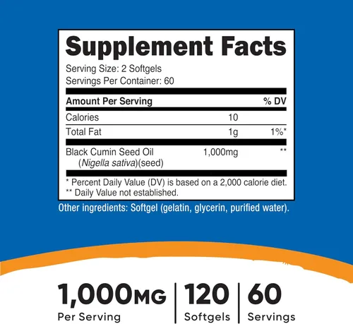 Miniatura 2 de Nutricost Aceite de semilla negra (comino), prensado en frío, fuente de Omega 3 6 9-120 cápsulas blandas, 1000 mg por porción, 60 porciones, sin OMG
