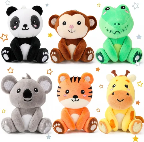 Aoriher 6 llaveros de peluche de bosque a granel, panda, mono, cocodrilo, koala, tigre y jirafa de 4 pulgadas, regalo para el aula, relleno de