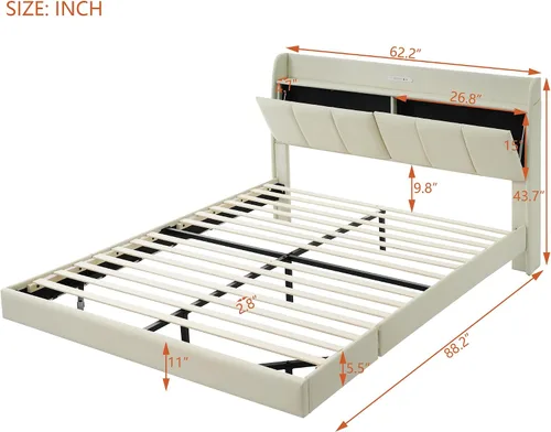 Miniatura 2 de Base de cama flotante de tamaño Queen, con luces LED de ambiente y carga USB, base de cama LED moderna tapizada de poliuretano con plataforma LED