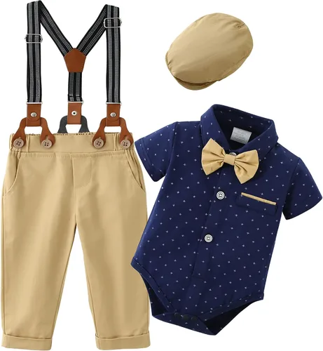 ZOEREA Baby Boy Suit Gentleman Outfit Clothes Set Infant Tuxedo Long Sleeve Dress Shirt+Suspender Pants+Bowtie+Beret Hat