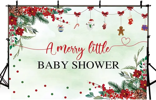 Miniatura 3 de MEHOFOND Telón de fondo de Navidad de 7 x 5 pies para baby shower con texto en inglés "A Merry Little Baby Shower Decoraciones", pancarta roja