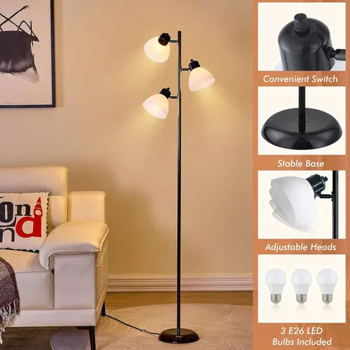 Miniatura 4 de Lámpara de pie moderna estilo árbol para sala de estar y dormitorio, lámpara de pie alta con 3 cabezales ajustables y giratorios para oficina