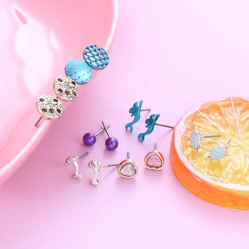 Miniatura 4 de Varios aretes de tuerca con temática de la vida marina del océano, juego de 30 pares, múltiples perlas de cristal, concha marina, escala de peces
