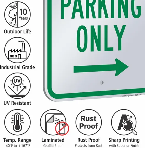 Miniatura 7 de SmartSign Letrero de metal "Employee Parking Only" de 18 x 12 pulgadas con flecha derecha, aluminio laminado inoxidable de 63 mil, verde y blanco