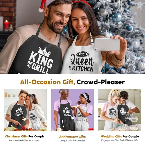 Miniatura 6 de Juego de delantales King & Queen, delantales de cocina a juego para parejas con bolsillos profundos y costuras reforzadas, equipo de cocina