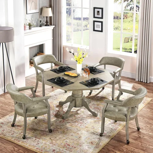 Miniatura 77 de Juego de 8 sillas de cuero de comedor con ruedas y brazos, silla de capitán Accent con ruedas, sillas de madera con ruedas enrollables para cocina