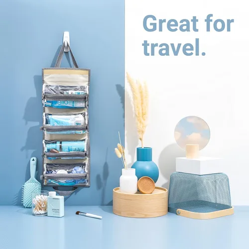 Miniatura 4 de Bolsa de maquillaje enrollable colgante, kit de artículos de tocador, organizador de viaje para mujer, 4 bolsas de almacenamiento extraíbles