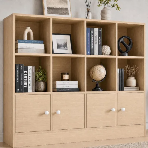 Cozy Castle Estantería de madera de roble, estante organizador de almacenamiento de 12 cubos con 4 puertas, armario de almacenamiento de 3 niveles