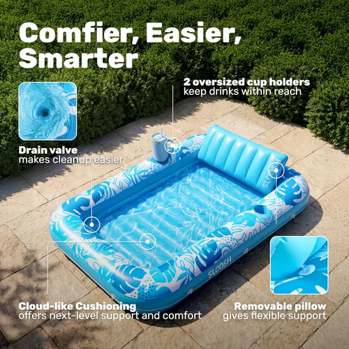 Miniatura 4 de Flotador inflable para piscina de bronceado Sloosh, 85" x 57" Flotadores de piscina extra grandes para adultos con almohada, 4 en 1 balsa de baño
