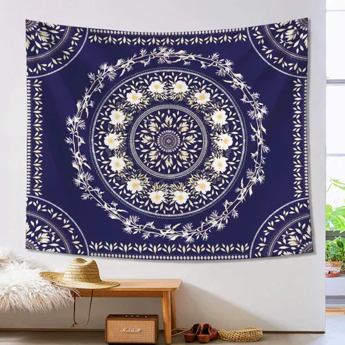 Miniatura 3 de Lifeel - Tapiz bohemio azul para colgar en la pared, tapiz hippie de mandala, medallón floral con diseño de corona estética blanca, manta decorativa