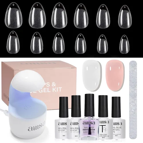 Miniatura 10 de AILLSA Kit de uñas almendra con lámpara UV, 240 piezas de puntas de uñas cortas de gel y kit de pegamento en gel con pegamento de uñas 2 en 1, capa