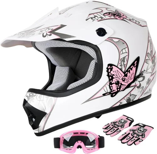SLMOTO Dot Casco para Jóvenes Niños Motocross Todoterreno Calle Casco de Motocicleta Dirt Bike Motocross ATV Diseño de Mariposa Rosa