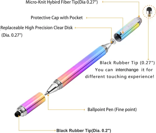Miniatura 4 de Lápiz capacitivo, 4 en 1, pantalla táctil de alta sensibilidad y precisión, punta de disco transparente, punta de goma negra y punta de fibra