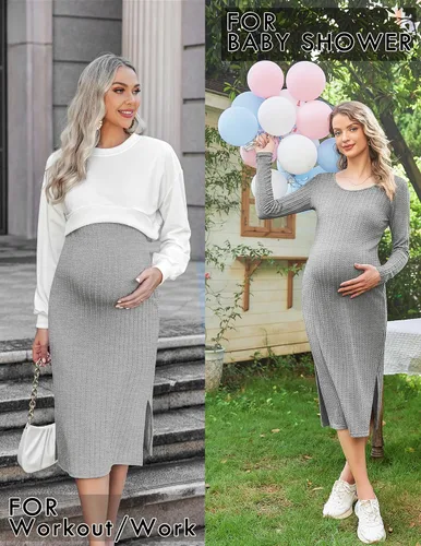 Miniatura 3 de Ekouaer Maternity Dress Rib Knit Long Sleeve Side Slit Bodycon Dresses Pregnancy Baby Shower Clothes S-XXL