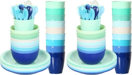 Miniatura 7 de Youngever Juego de 9 vajilla de plástico de 54 piezas, colores costeros, juego de comedor para niños pequeños, vasos, platos, cuencos, juego