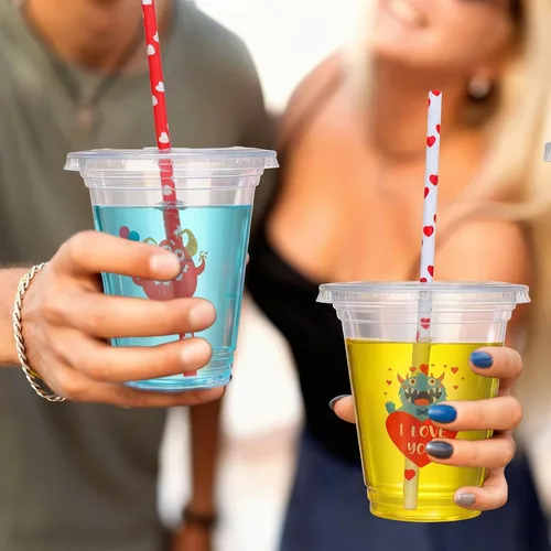 Miniatura 6 de Eaasty Juego de 20 vasos de plástico para el día de San Valentín con tapa y pajitas, 12 onzas, transparentes, desechables, tazas de monstruo de San