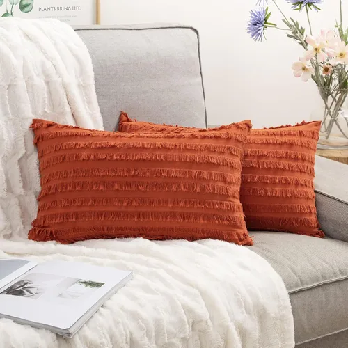Miniatura 15 de MIULEE Juego de 2 fundas de almohada decorativas estilo bohemio de lino a rayas jacquard patrón fundas de cojín para sofá, sala de estar