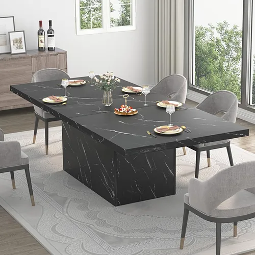 Miniatura 9 de HSH Mesa de comedor de 55 pulgadas para 4, moderna mesa de comedor de mármol sintético negro, mesa de cocina rectangular con pedestal resistente
