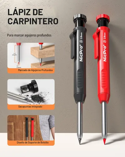 Miniatura 2 de Nicpro Lápiz de carpintero con sacapuntas, juego de lápices mecánicos con 26 recambios, marcador de agujeros profundos para construcción, Negro