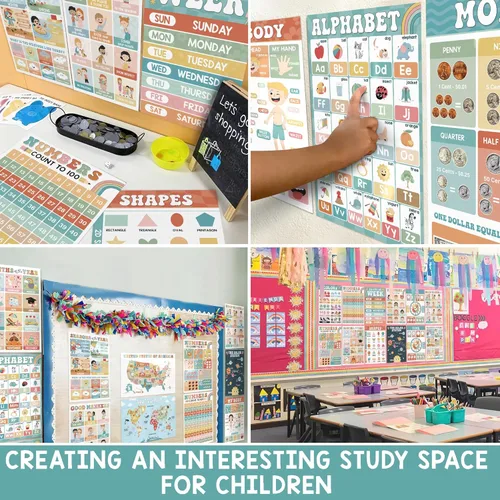 Miniatura 5 de BEAWART 16 Pósteres Educativos Bohemios Groovy - Póster del Alfabeto ABC, Mapa del Mundo - Gráficos de Pósteres de Aprendizaje Laminados