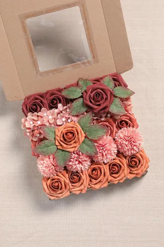 Miniatura 6 de YYHUAWU Flores Artificiales Juego de Caja Combo Color Degradado Flores y Hojas con Tallos para DIY Ramos de Boda Centros de Mesa Baby Shower Fiesta
