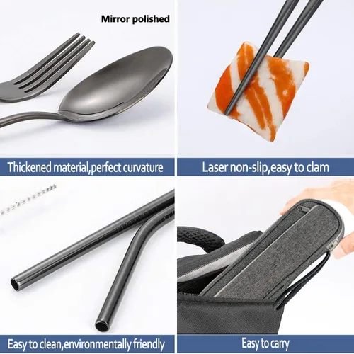 Miniatura 6 de Utensilios de Viaje Reutilizables Portátiles Cubiertos con Estuche, Juego de Cubiertos de Viaje para Camping, Palillos y Pajita, Cubiertos